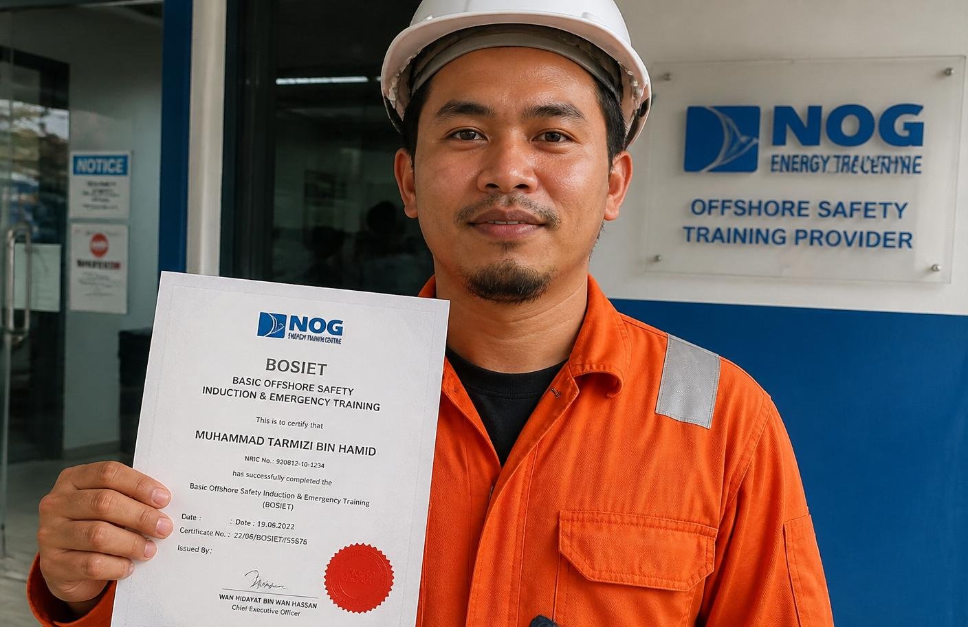 Offshore worker in orange coveralls holding a BOSIET safety training certificate outside a training centre