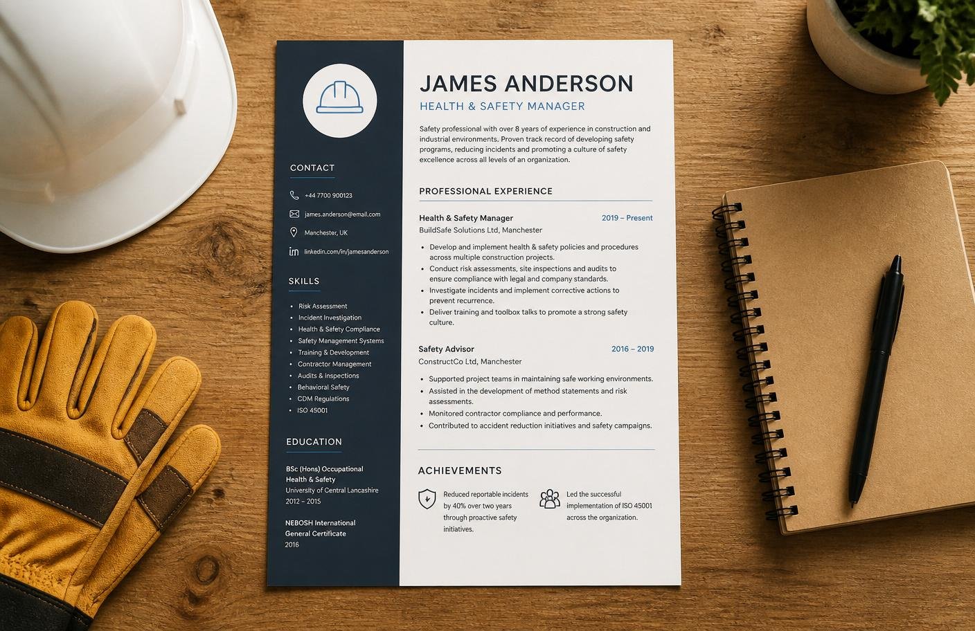 Professional offshore CV printed on a wooden desk next to a white hardhat and work gloves