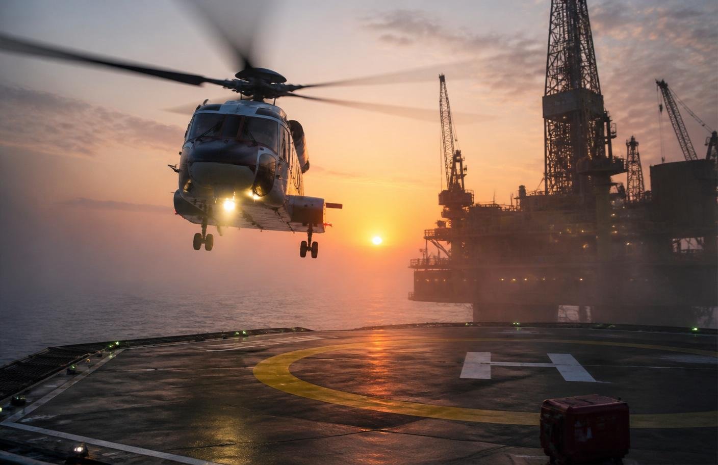 Helicopter landing on an offshore rig helideck at sunrise