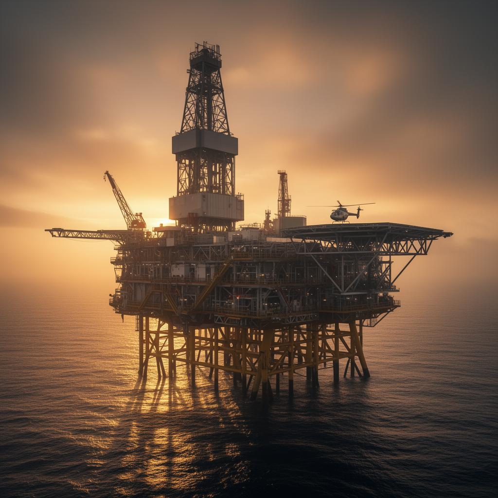 Offshore rig and wind farm at sunset